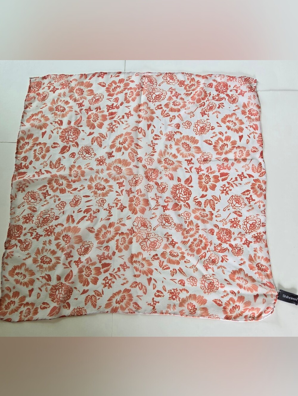 Shihreen Coral Orange Floral 100% Silk Square Scarf Quiet Luxury Boho Western